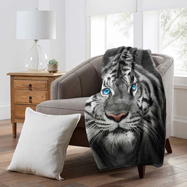 White Tiger Stare Wilderness Raschel Throw Blanket 50x60 Inches on Sale